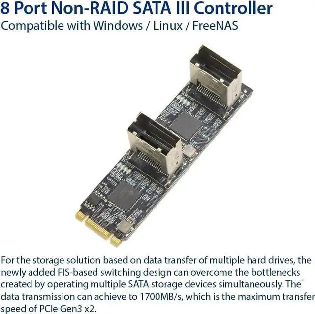 Alt view image 4 of 5 - 8 Port SATA III 6Gbps to M.2 B+M Key PCIe 3.0 x2 Adapter Card, Non-RAID SATA Expansion Board for M.2 B/M Slot Storage Extension