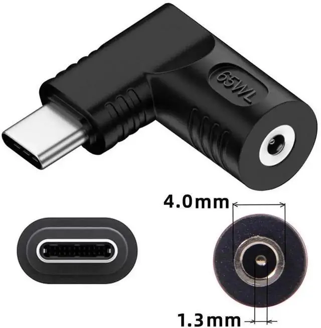 Alt view image 6 of 7 - 65W 90 Degree Right Angle DC 4.0x1.3mm to USB-C PD Power Adapter, 20V DC Barrel Input to Type-C Output Charging Converter Plug