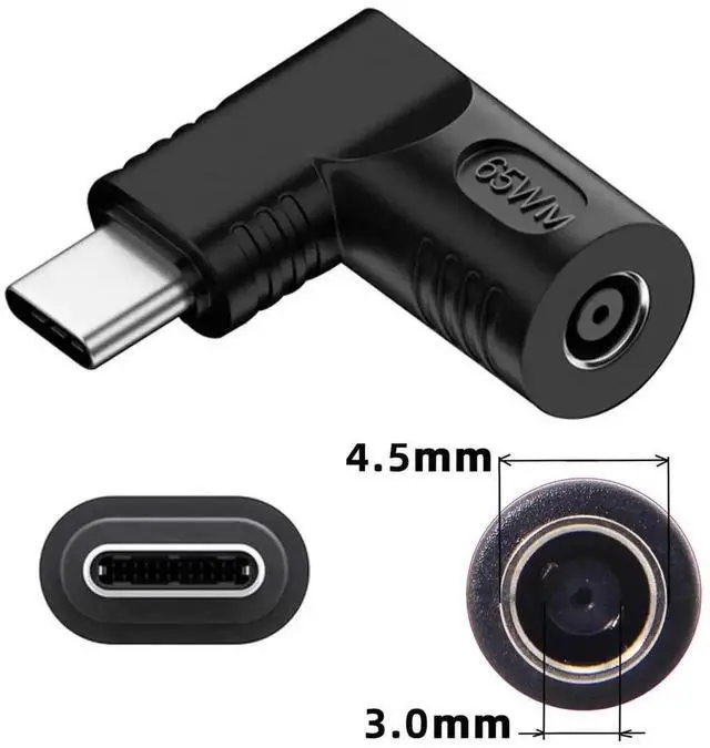 Alt view image 5 of 7 - 65W 90 Degree Right Angle DC 4.5x3.0mm to USB-C PD Power Adapter, 20V DC Barrel Input to Type-C Output Charging Converter Plug