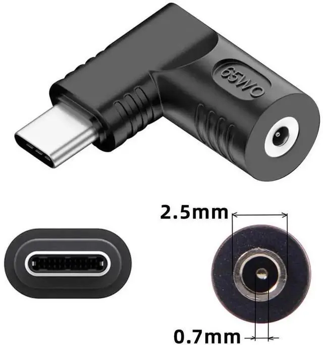 Alt view image 5 of 7 - 65W 90 Degree Right Angle DC 2.5x0.7mm to USB-C PD Power Converter Plug, 20V DC Barrel Input to Type-C Output Charging Adapter