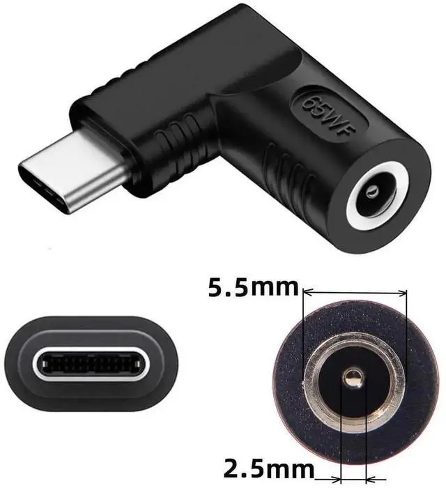 Alt view image 3 of 7 - 65W 90 Degree Right Angle DC 5.5x2.5mm to USB-C PD Power Adapter, 20V DC Barrel Input to Type-C Output Charging Converter Plug