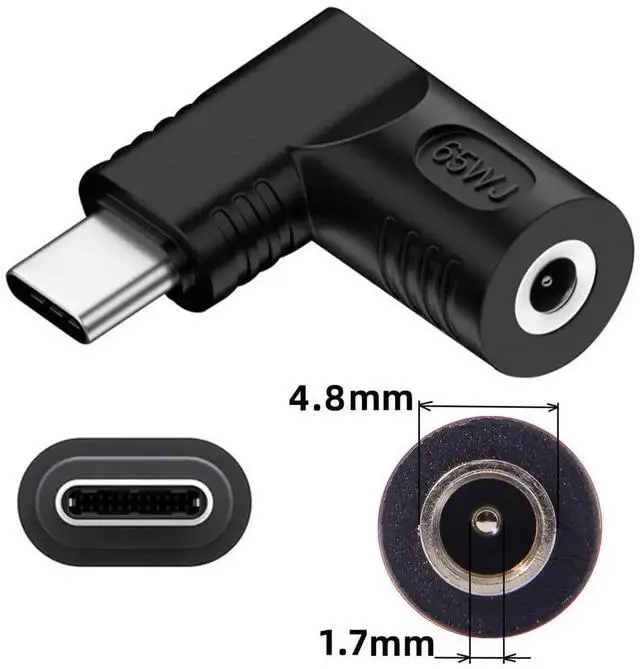 Alt view image 4 of 7 - 65W 90 Degree Right Angled DC 4.8x1.7mm Input to USB-C PD Charging Adapter, DC 20V Jack to Type-C Power Converter Plug for Laptops & Phones