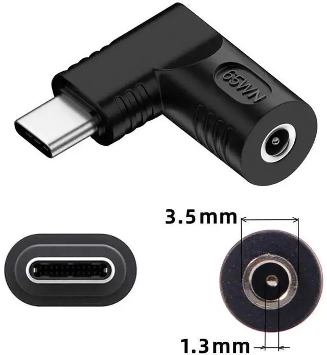 Alt view image 4 of 7 - 65W 90 Degree Right Angled DC 20V 3.5x1.3mm Female to USB-C PD Charging Adapter, DC Jack to Type-C Power Converter Plug for Laptops, Phones and Tablets