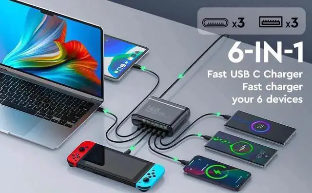 Alt view image 7 of 7 - 140W GaN USB-C Charger Block, QC3.0 Fast Charging Desktop Type-C Power Adapter Compatible with iPhone, Xiaomi, Samsung Smartphones, Black