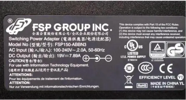 Alt view image 2 of 2 - 150W 19V 7.89A AC DC Power Adapter FSP150-ABBN3, 5.5x2.5mm DC Tip Charger Compatible with CYBERPOWER TRACER III 15 Mechanical NFSV1511 Gaming Laptop Power Supply