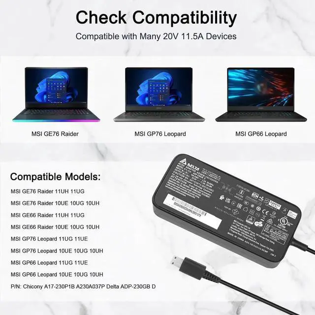 Alt view image 3 of 7 - 230W 240W USB Tip Laptop Charger 20V 11.5A/12A Power Cord Adapter, Replacement for MSI GE76 GE66 Raider GP76 GP66 Leopard Gaming Laptops