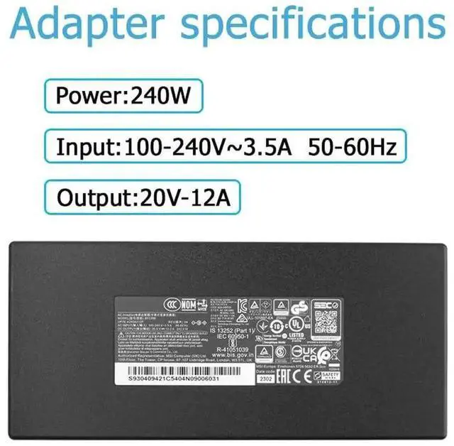 Alt view image 3 of 7 - 240W 20V 12A AC Charger Replacement PN A20-240P2A S93-0409420-C54 4.5×3.0mm Tip for MSI Katana GF66 MS-1583, Pulse GL66 MS-1581 MS-1582, GL76 MS-17L3, Stealth GS66 12UGS 12UH Gaming Laptops