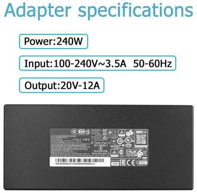 Alt view image 7 of 7 - 240W 20V 12A Laptop Charger A20-240P2A S93-0409420-C54 4.5*3.0mm Tip for MSI Katana GF66 MS-1583, Pulse GL66 MS-1581 MS-1582, GL76 MS-17L3, Stealth GS66 12UGS 12UH Gaming Laptops