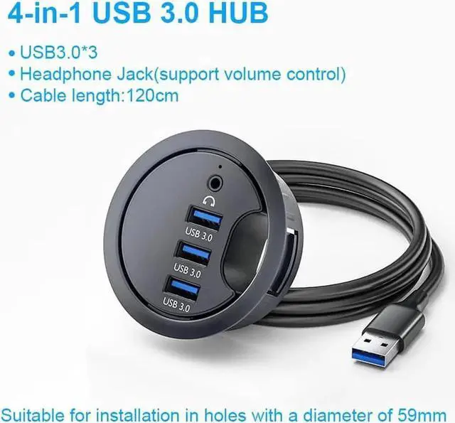 Alt view image 4 of 7 - Desk Grommet USB 3.0 Hub, 60mm Hole Size, 4.9Ft Cord, 2 USB3.0 Type-A, 1 USB-C, 3.5mm Audio Jack, Desktop Cable Management Grommet, Home Office PC Desk Accessory