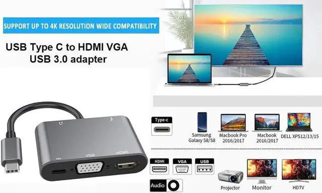 Alt view image 5 of 7 - 5-in-1 USB-C Multiport Hub Adapter, USB C to HDMI VGA USB3.0 Audio & PD Charging Port, Portable Docking Dongle Compatible with MacBook Pro, Chromebook Pixel & All Type-C Laptops