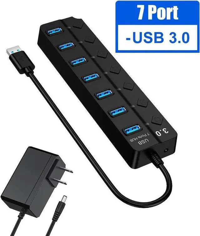 Main image of 7-Port Powered USB 3.0 Hub, 5Gbps Super Speed External Multi Port Splitter, Black Powered USB Dock Compatible with Desktop PC, Mac, Laptops, Smartphones and Tablets
