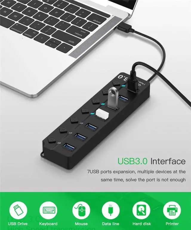 Alt view image 6 of 7 - 7-Port Powered USB 3.0 Hub, 5Gbps Super Speed External Multi Port Splitter, Black Powered USB Dock Compatible with Desktop PC, Mac, Laptops, Smartphones and Tablets
