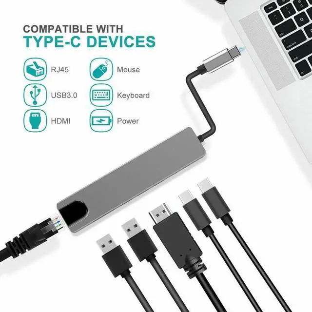 Alt view image 2 of 5 - USB-C Multiport Hub Adapter, 4K@30Hz HDMI, 100Mbps RJ45 Ethernet, 2 USB-A, USB-C Data & 87W PD Charging, Portable Type-C Docking Converter for USB-C Laptops