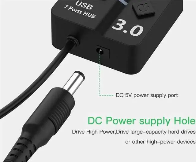 Alt view image 4 of 7 - 7-Port Powered USB 3.0 Hub, 5Gbps Super Speed Multi Port Splitter, Black Powered External USB Dock Compatible with PC, Mac, Laptops, Phones and Tablets
