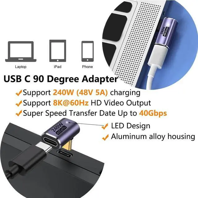 Alt view image 5 of 5 - 2 Pack Straight 90 Degree USB C Right Angle Adapter, 40Gbps Data, 240W PD Fast Charging, 8K@60Hz Video Elbow Converter for Laptops, Docks, Phones
