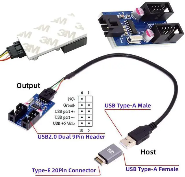 Alt view image 6 of 7 - 1-to-2 USB 2.0 Motherboard 9Pin/10Pin Header Splitter Cable, Internal Front Panel USB Hub Extension Adapter with USB Type-E Converter for Desktop PC Case Modding