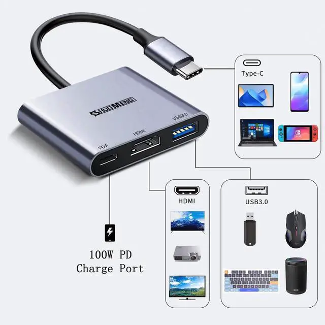 Alt view image 4 of 6 - 3-in-1 USB C Multiport Adapter, Type-C Hub with 4K HDMI, USB 3.0 Data Port & 100W PD Fast Charging, AV Video Converter Compatible with MacBook, iPad, Chromebook, USB-C Laptops & Phones