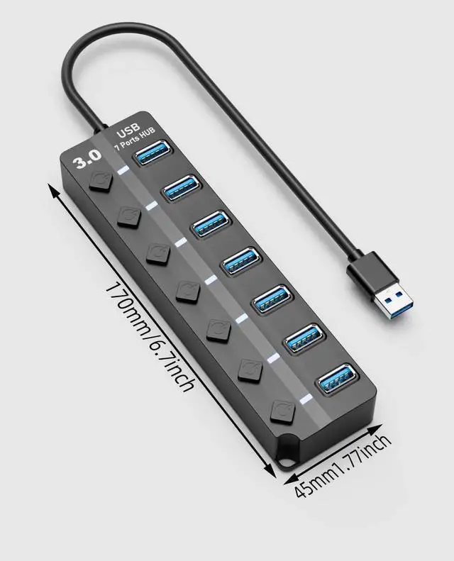 Alt view image 3 of 7 - 7-Port USB 3.0 Hub with Independent LED On/Off Switches & Long Extension Cable, 5Gbps High Speed USB Port Expander Compatible with MacBook, Mac Pro, Mac Mini, iMac, Surface Pro, XPS & Desktop PCs
