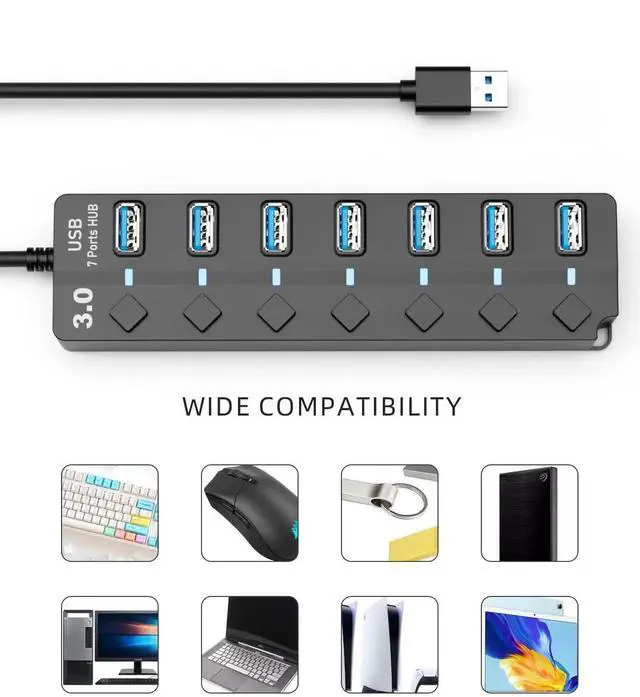 Alt view image 5 of 7 - 7-Port USB 3.0 Hub with Independent LED On/Off Switches & Long Extension Cable, 5Gbps High Speed USB Port Expander Compatible with MacBook, Mac Pro, Mac Mini, iMac, Surface Pro, XPS & Desktop PCs