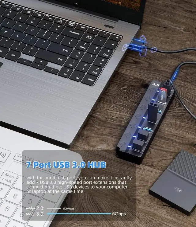 Alt view image 7 of 7 - 7-Port USB 3.0 Hub with Independent LED On/Off Switches & Long Extension Cable, 5Gbps High Speed USB Port Expander Compatible with MacBook, Mac Pro, Mac Mini, iMac, Surface Pro, XPS & Desktop PCs