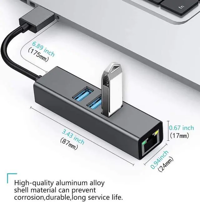 Alt view image 5 of 7 - Black Aluminum USB 3.0 Multiport Hub with 3×USB3.0 Ports & Gigabit RJ45 Ethernet Adapter, 10/100/1000 Mbps LAN Network Converter Compatible with MacBook, Ultrabook, Windows Laptops, Tablets & Linux Sy