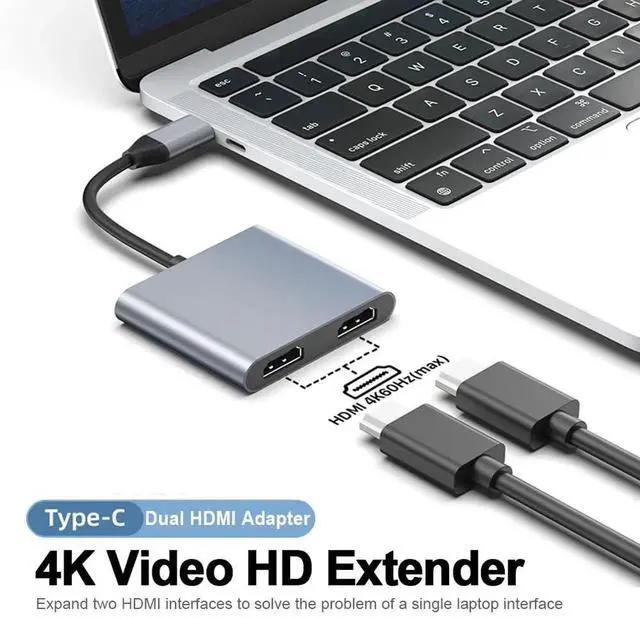 Alt view image 2 of 7 - USB-C to Dual HDMI 4K@60Hz Adapter, Type-C Dual Monitor Splitter Supporting Extended Display Mode, Multiport Display Converter Compatible with MacBook Air/Pro, Dell XPS, HP, Surface & Chromebook Lapto