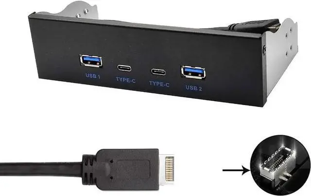 Alt view image 2 of 7 - 5.25 Inch PC Case Front Panel USB 3.2 Gen2 10Gbps Hub, 2×USB-C + 2×USB-A 4 Ports Expansion Adapter, 20Pin Key-A Type-E Motherboard Header Splitter with 2.6FT Internal Cable
