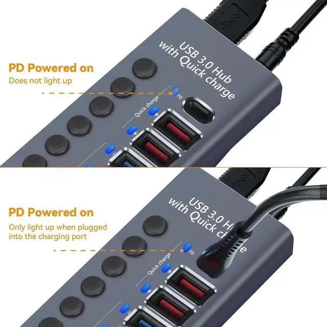 Alt view image 7 of 7 - 10 Ports 60W USB 3.0 Hub with Individual On/Off Switches, Aluminum Shell, 12V/5A Power Adapter, 5Gbps High Speed Data & Charging Hub for PC Laptop Mobile Hard Drive