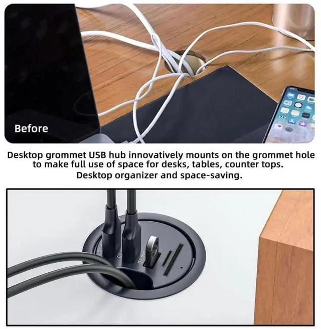 Alt view image 2 of 7 - USB 3.0 Flush Mount Desktop Hub, 60mm 2.36 Inch Grommet Hole Dock with 3 USB3.0 Ports & SD TF Dual Card Reader for Office Desk