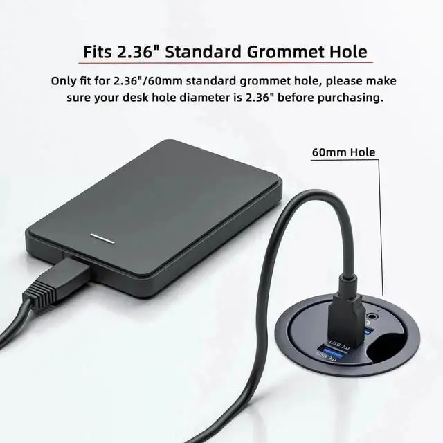Alt view image 6 of 7 - USB 3.0 Flush Mount Desktop Hub, 60mm 2.36 Inch Grommet Hole Dock with 3 USB3.0 Ports and 3.5mm Audio Jack for Office Desk Port Expansion