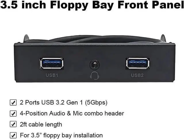 Alt view image 2 of 4 - 3.5 Inch PC Front Panel 2-Port USB3.0 Hub with HD 4Pin Audio & Mic, 2FT 19-Pin USB Header Cable for Desktop Chassis Upgrade