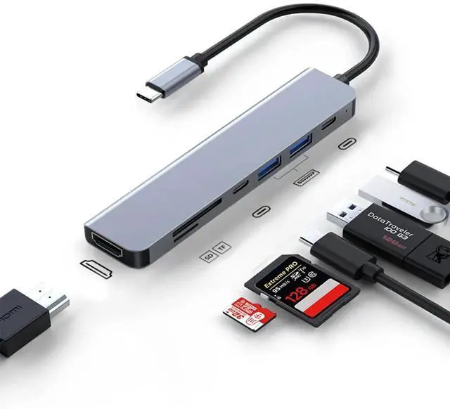 Main image of 7-in-1 Multiport USB C Hub Adapter, 4K@30Hz HDMI, USB3.0/USB2.0, USB-C, SD/TF Card Reader, 100W PD Charging Dock for MacBook, iPad, HP, Samsung, Huawei Laptops