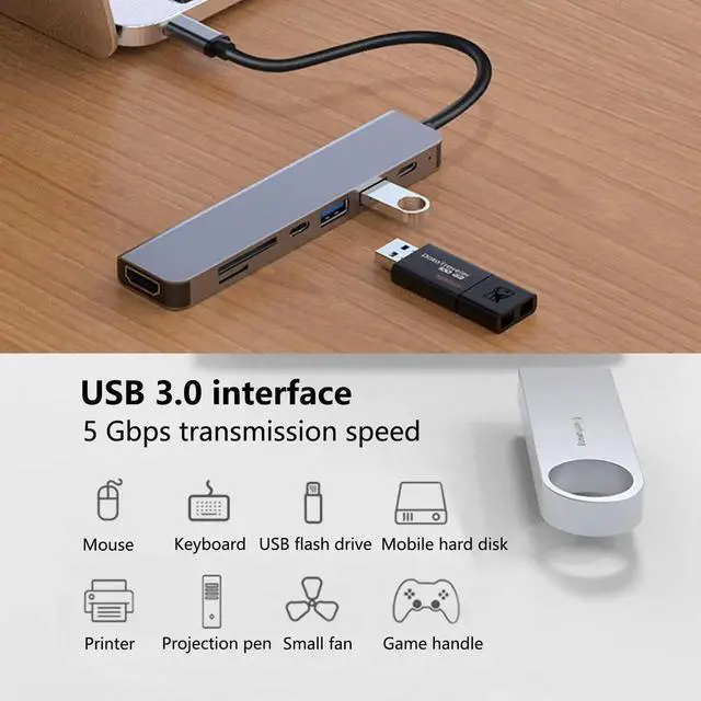 Alt view image 2 of 7 - 7-in-1 Multiport USB C Hub Adapter, 4K@30Hz HDMI, USB3.0/USB2.0, USB-C, SD/TF Card Reader, 100W PD Charging Dock for MacBook, iPad, HP, Samsung, Huawei Laptops