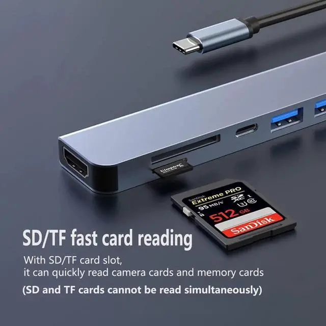 Alt view image 3 of 7 - 7-in-1 Multiport USB C Hub Adapter, 4K@30Hz HDMI, USB3.0/USB2.0, USB-C, SD/TF Card Reader, 100W PD Charging Dock for MacBook, iPad, HP, Samsung, Huawei Laptops