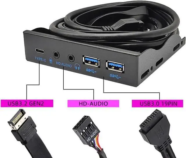 Alt view image 2 of 5 - 3.5 Inch PC Front Panel Hub, 10Gbps USB 3.2 Gen2 USB-C + 2 USB3.0 Ports with HD Audio Mic, Uses Motherboard 20-Pin & USB3.2 Key-A Header for Desktop Chassis