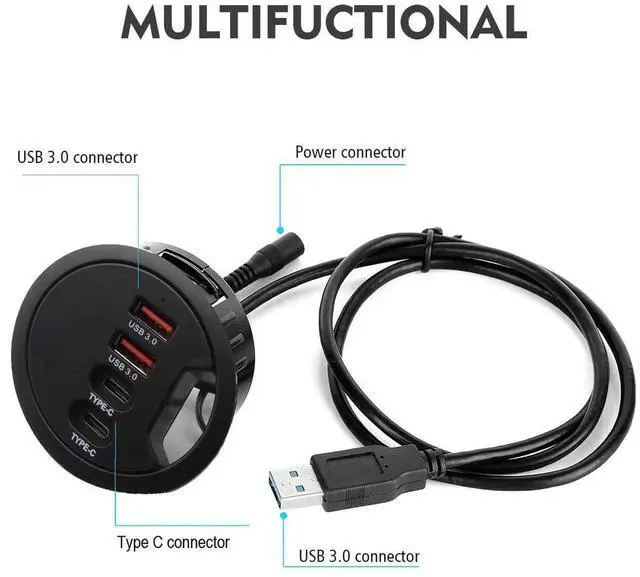 Alt view image 3 of 7 - 60mm / 2.36 Inch Desk Grommet USB 3.0 Hub, 2 USB-A + 2 USB-C Ports Flush Mount Dock, Support Simultaneous Fast Charging & High-Speed Data Transfer for Desktop Workstation