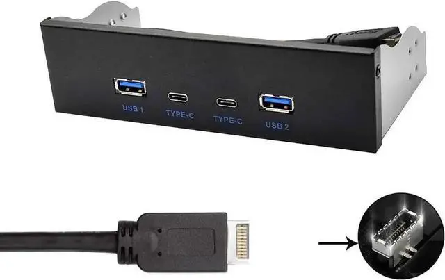 Alt view image 7 of 7 - 5.25 Inch Optical Drive Bay USB 3.2 Gen 2 Front Panel Hub, 2 USB-C + 2 USB-A 10Gbps PC Expansion Adapter, 2.6FT 20Pin Key-A Type-E Motherboard Header Splitter Cable Included