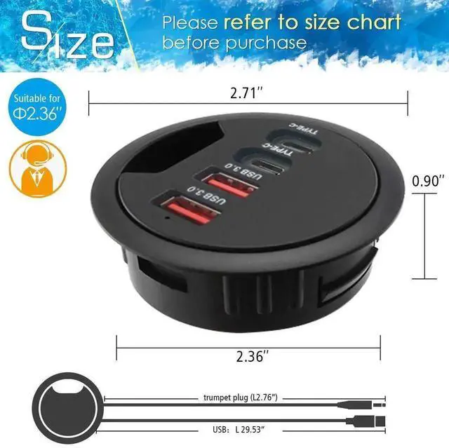 Alt view image 2 of 7 - 60mm / 2.36 Inch Desk Grommet USB 3.0 Hub, 2 USB-A + 2 USB-C Flush Mount Dock, Support Simultaneous Fast Charging & 5Gbps High-Speed Data Transfer for Office Workstations
