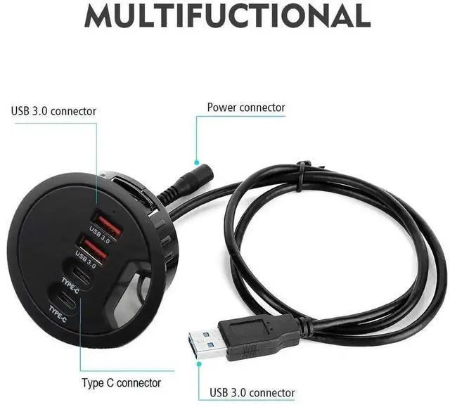 Alt view image 3 of 7 - 60mm / 2.36 Inch Desk Grommet USB 3.0 Hub, 2 USB-A + 2 USB-C Flush Mount Dock, Support Simultaneous Fast Charging & 5Gbps High-Speed Data Transfer for Office Workstations