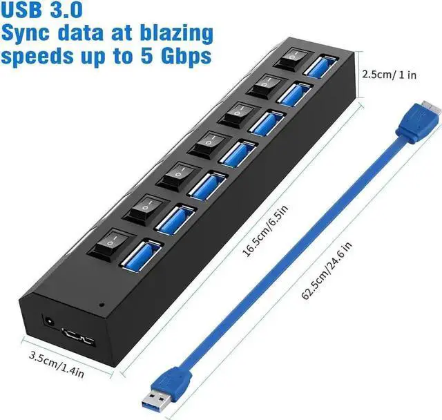 Alt view image 7 of 7 - Black 7-Port USB 3.0 Splitter Hub with Individual On/Off Switches & LED Power Indicators, High Speed USB-A Data Expander for Laptop, Desktop PC, Mobile HDD, Flash Drive and USB Peripherals
