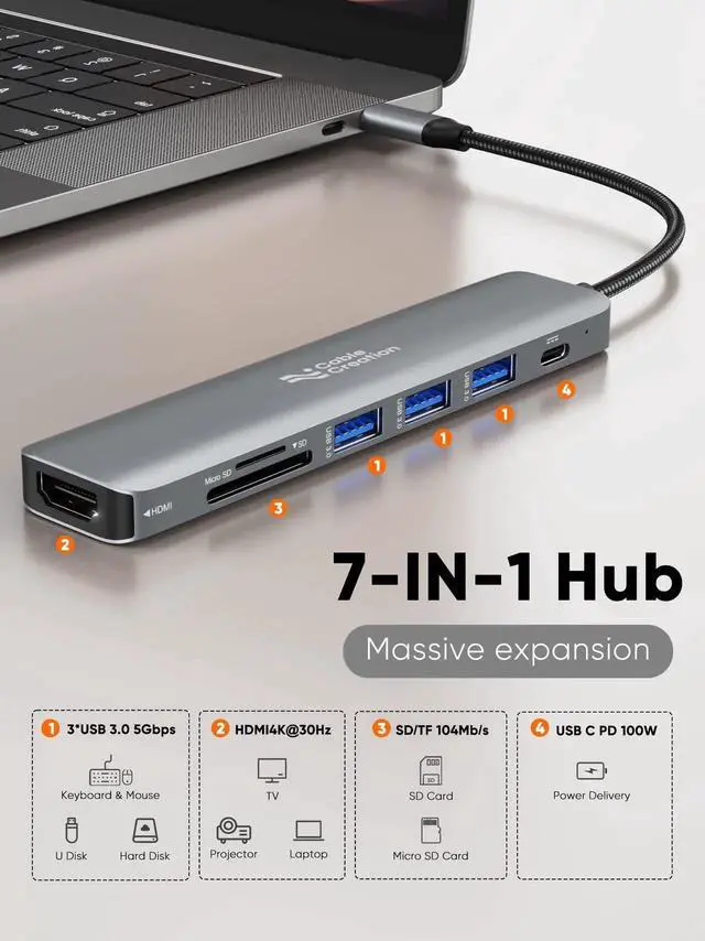 Alt view image 7 of 7 - 7-in-1 USB C Multiport Hub Adapter, 4K@30Hz HDMI Output, 100W PD Charging, 3×5Gbps USB 3.0, SD TF Card Reader, Portable USB C Dock for USB-C Laptops & Tablets