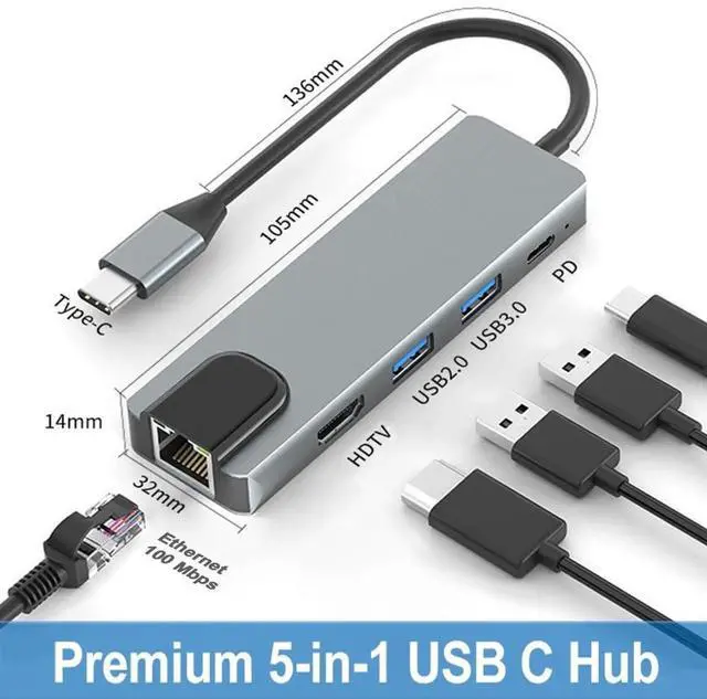 Alt view image 2 of 7 - 5-in-1 USB C Multiport Adapter with Gigabit Ethernet, 4K@60Hz HDMI, 2 USB 3.0 & 100W PD Charging Port, USB C Dock Hub for USB-C Laptops