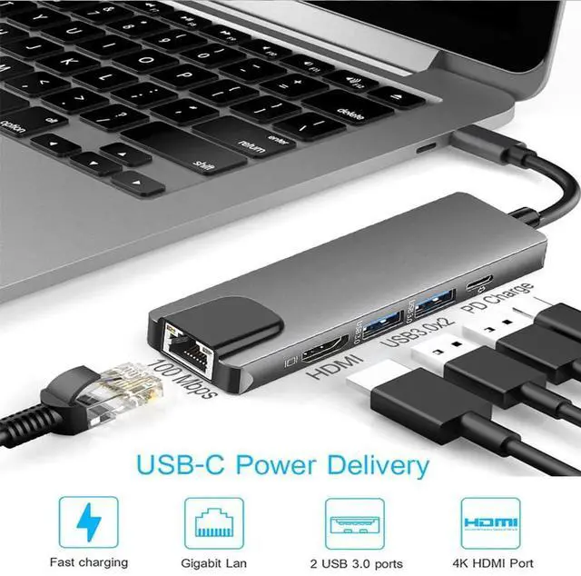 Alt view image 6 of 7 - 5-in-1 USB C Multiport Adapter with Gigabit Ethernet, 4K@60Hz HDMI, 2 USB 3.0 & 100W PD Charging Port, USB C Dock Hub for USB-C Laptops