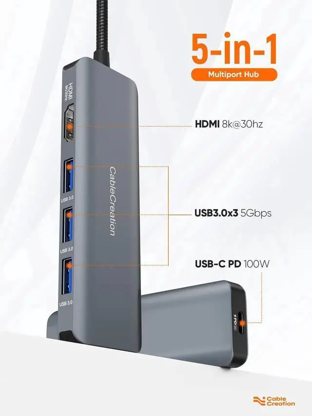 Alt view image 2 of 7 - 5-in-1 USB C Multiport Hub, Space Grey Aluminum USB C Adapter with 8K@30Hz / 4K@120Hz HDMI, 100W PD Pass-Through Charging & 3×USB 3.0 Ports, Portable USB C Dock Compatible with MacBook Pro/Air, iPad P