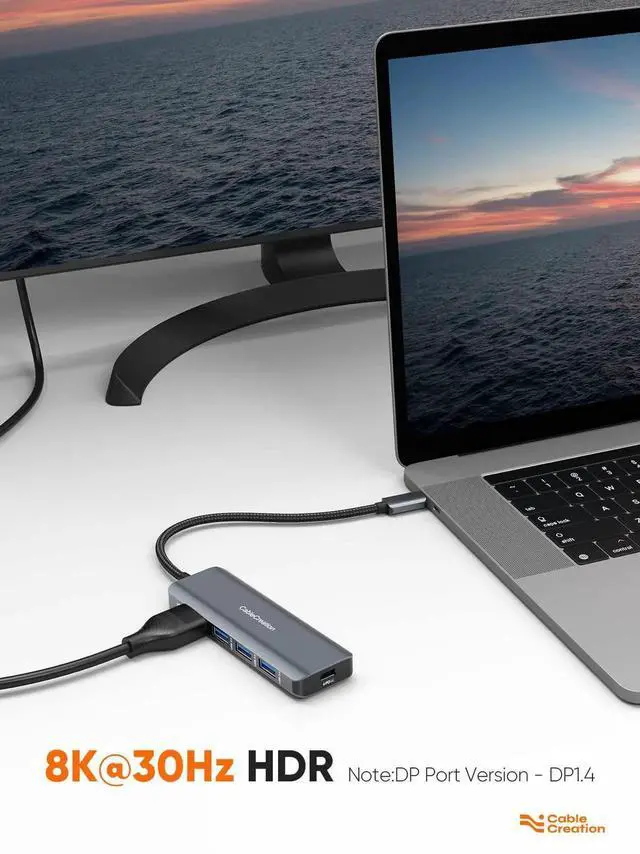 Alt view image 5 of 7 - 5-in-1 USB C Multiport Hub, Space Grey Aluminum USB C Adapter with 8K@30Hz / 4K@120Hz HDMI, 100W PD Pass-Through Charging & 3×USB 3.0 Ports, Portable USB C Dock Compatible with MacBook Pro/Air, iPad P
