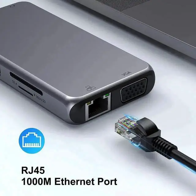 Alt view image 5 of 7 - 10 in 1 USB C Multiport Hub Adapter, USB C Dongle with 4K HDMI, VGA, Gigabit Ethernet, 100W PD Charging, 3×USB3.0, SD/TF Card Reader, 3.5mm Audio Mic Jack, Compatible with MacBook Pro/Air & All USB-C