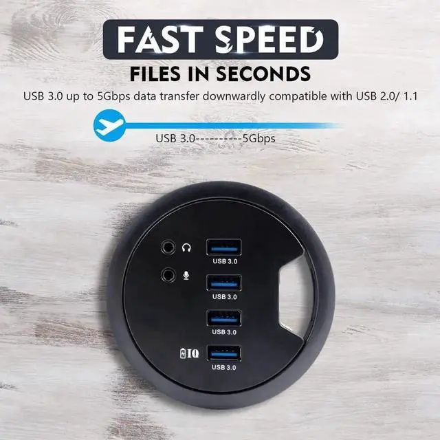 Alt view image 2 of 7 - 80MM 3.14 Inch Desk Grommet USB 3.0 Hub, 4-Port Desktop Hole Fit Multiport Hub with 3.5mm Audio Mic Jack, BC1.2 Fast Charging, 5V/2A AC Power Adapter Included for Smartphones & Office Desks