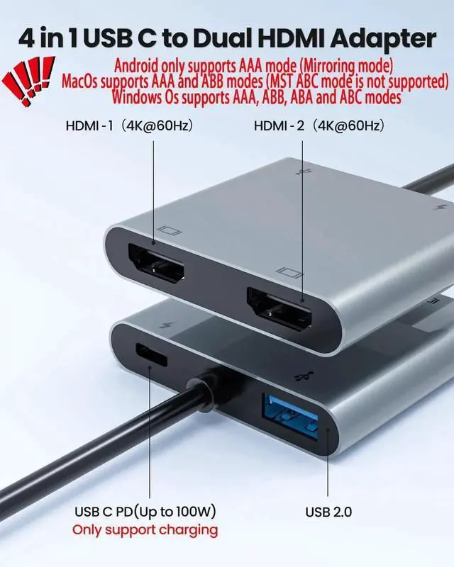 Alt view image 5 of 7 - USB C to Dual HDMI MST Adapter, 4K@60Hz Dual Monitor Splitter with 100W PD Charging & Extra USB-A Port, Supports Triple Separate Extended Screens on Windows, Only Mirror Mode Available for macOS Lapto