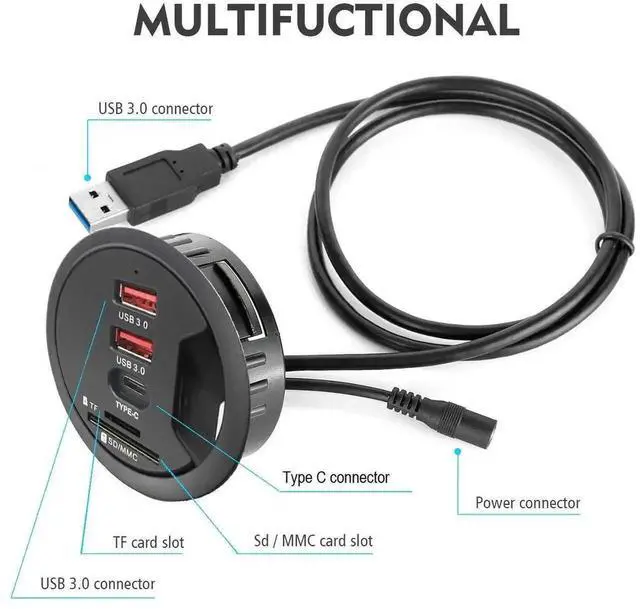 Alt view image 5 of 6 - 60MM 2.36 Inch Desk Grommet USB 3.0 Hub, Embedded Desktop Multiport Hub with 2 USB-A 3.0 + 1 USB-C, SD TF Card Reader, Supports Simultaneous Data Sync & Device Charging