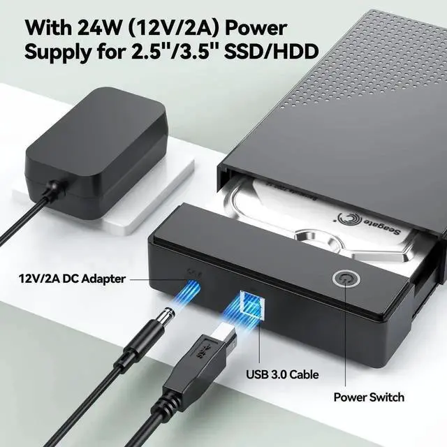 Alt view image 2 of 7 - 3.5 Inch SATA Hard Drive Enclosure, USB 3.0 External HDD Case Supports UASP & Max 20TB Storage, Comes with 12V 24W Power Adapter for Data Recovery & Desktop Storage Backup